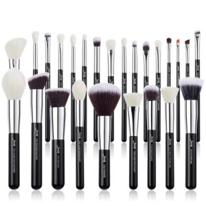 Jessup 25pcs Professional Makeup Brush Set Foundation Powder Concealer Eyeshadow Blending Blush Highlighter Natural-Synthetic Hair Brushes (Black/Silver)