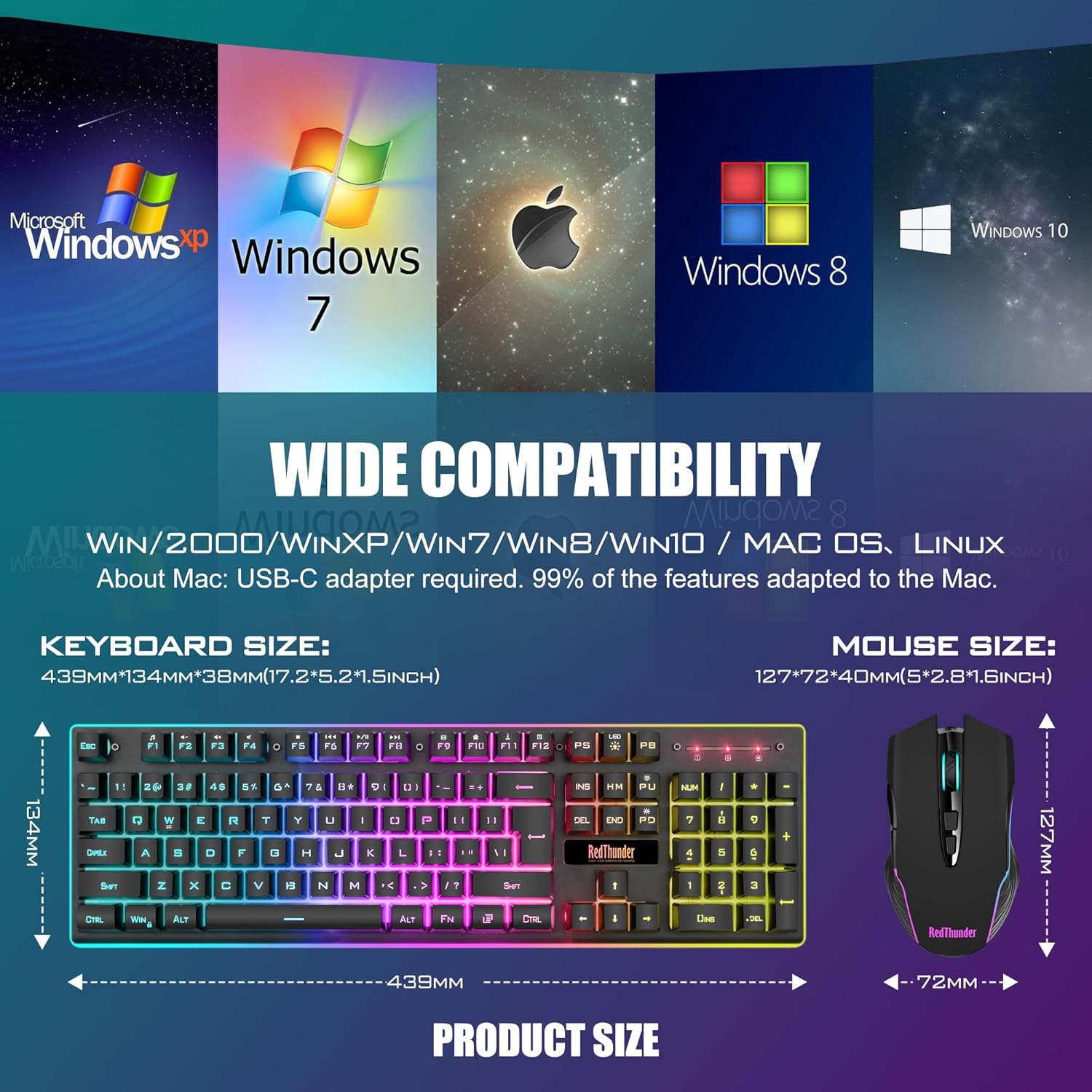 RedThunder K10 Wireless Gaming Keyboard and Mouse Combo, LED Backlit Rechargeable 3800mAh Battery, Mechanical Feel Anti-ghosting Keyboard + 7D 3200DPI Mice for PC Gamer (Black) - Image 7