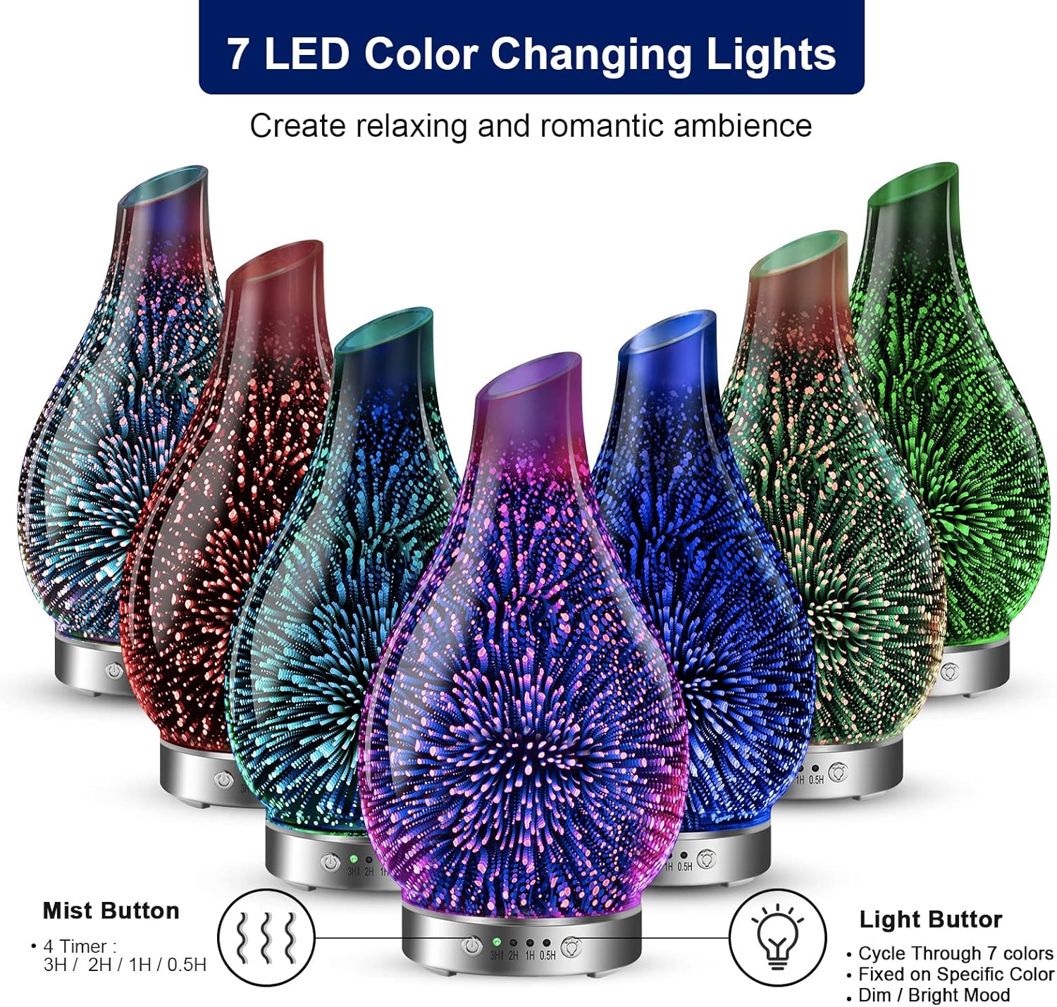 MAXWINER Essential Oil Diffusers Ultrasonic 3D Glass Aromatherapy Diffuser, Auto Shut-Off, Timer Setting, 7 Colors LED Lights Changing for Home, Office, Spa 120ml - Image 2