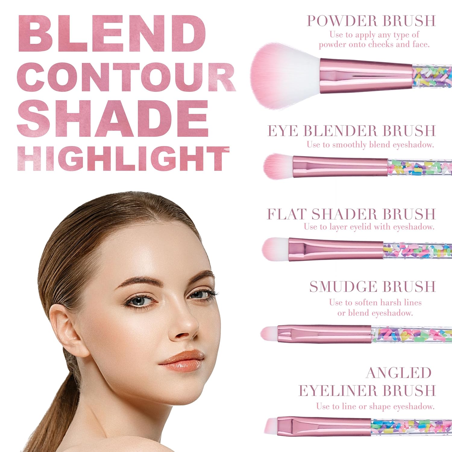 5pc Sprinkle Confetti Makeup Brush Set in Pink - Beautiful Makeup Brush Set w/Rainbow Sprinkles Handles, Dense Bristles | Premium Cosmetic Brushes - Image 3