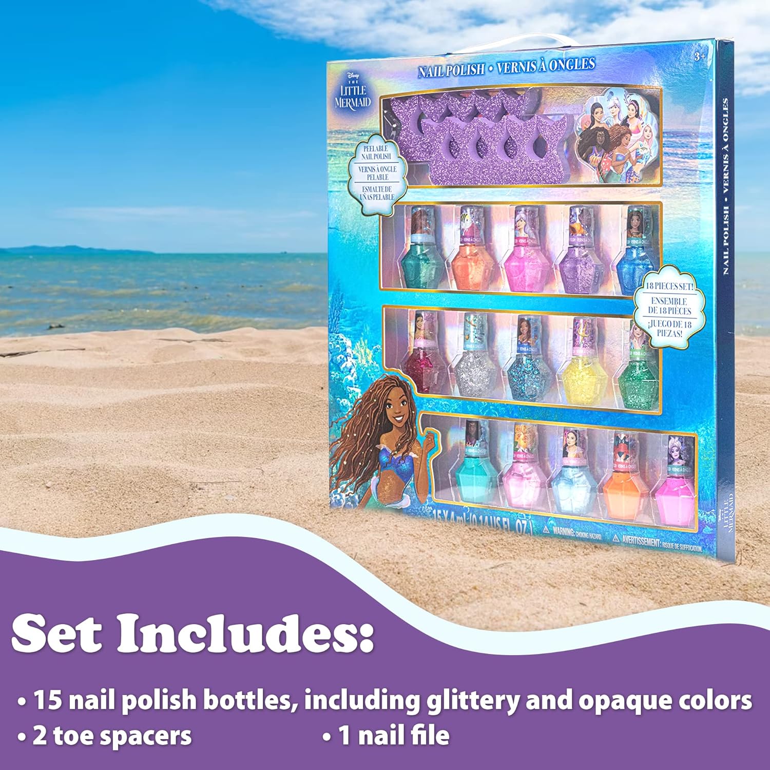 Disney The Little Mermaid Ariel Kids Washable Nail Polish Set, Pretend Play Makeup Beauty Set Birthday Toys Gift for 3 4 5 6 7 8 9 10 11 12 Years Old Kid - Image 4