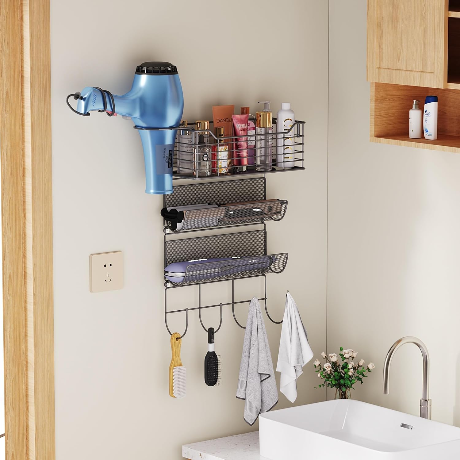 VITVITI Metal Hair Tool Organizer Wall Mount, Hair Dryer Holder with 3 Tier Shelf Basket Hooks, Bathroom Hair Styling Tool Organizer for Curling Iron/Blow Dryer/Straightener, Matte Black - Image 3