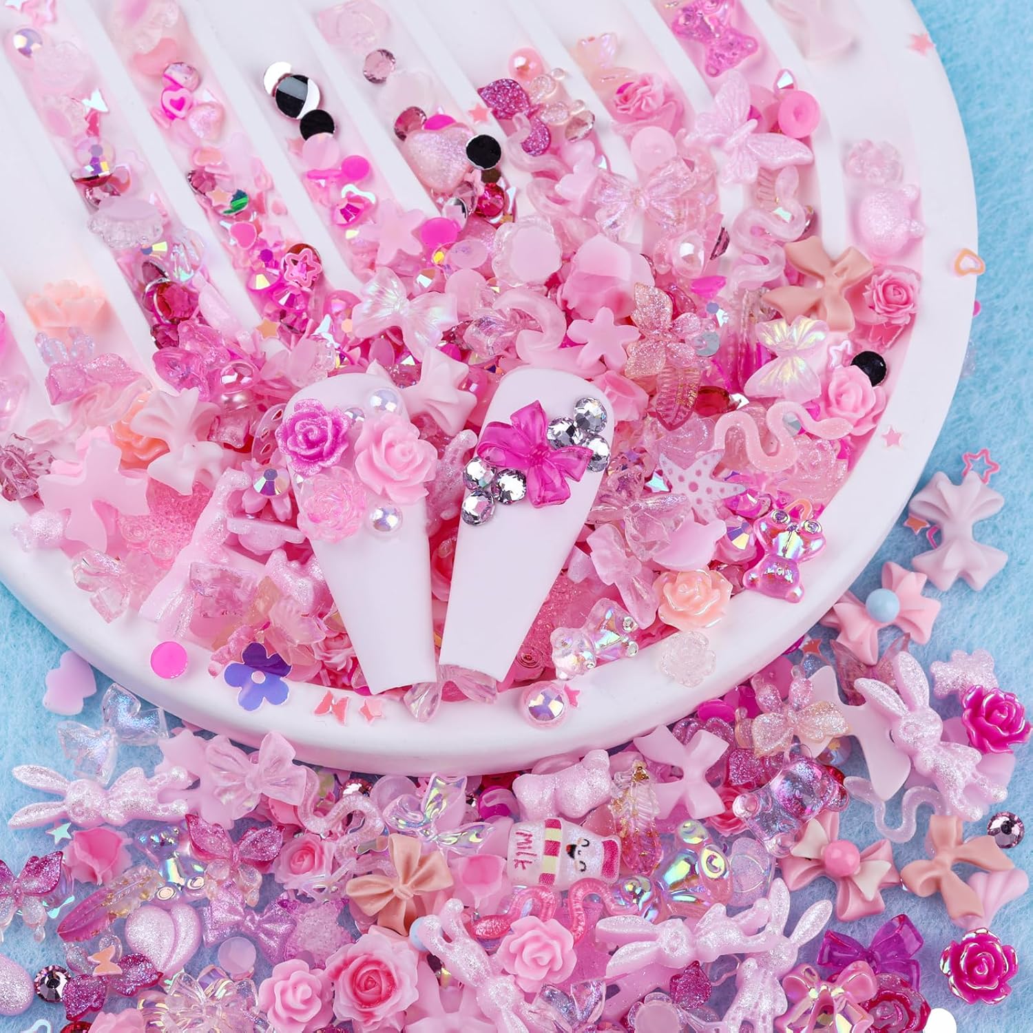 300pcs Nail Art Charms Kit,Over 100pcs Mixshape Resin Nail Gems and 100 pcs Mixed Flatback Nail Rhinestones Pearls with Over 100pcs Nail Sequins for Nail Art Accessories (Pink) - Image 5
