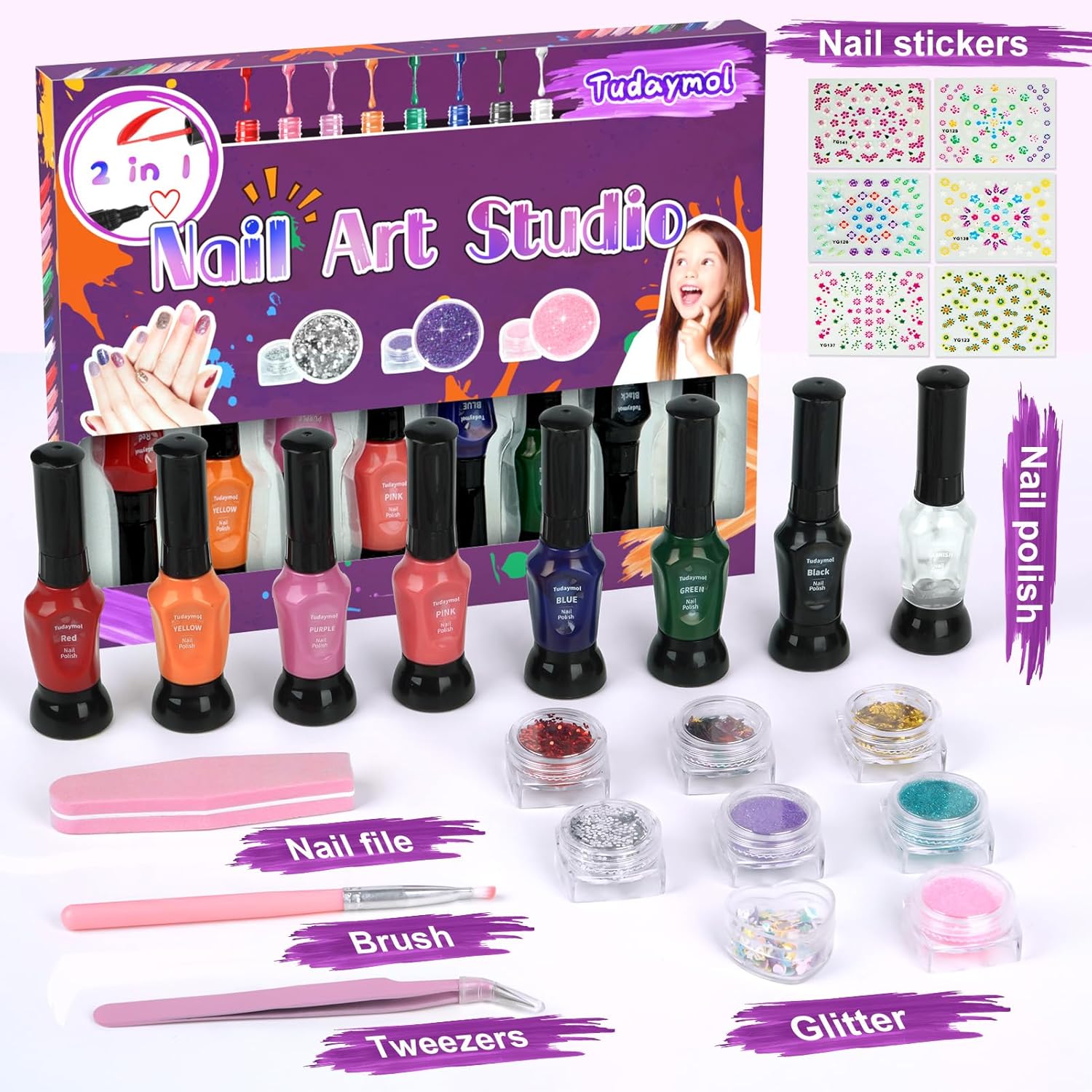 Tudaymol Nail Art Studio for Girls - Nail Polish Kit for Kids Ages 6-12 Years Old,Non-Toxic Peel-Off Safe Quick Dry Nail Polish Gift Kit Set,Cool Girls Toys Stuff - Polish, Pens, Glitter, Stickers - Image 3