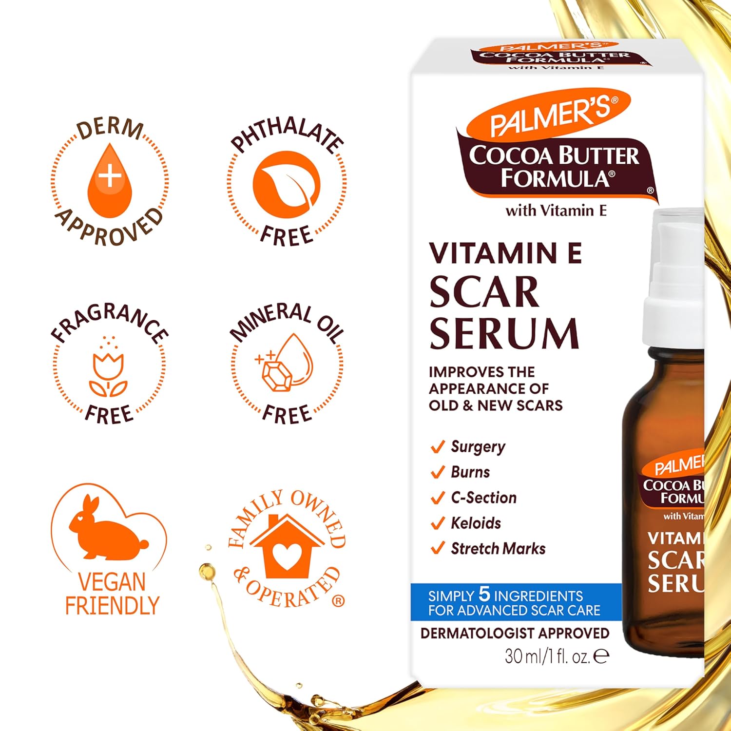 Palmer's Cocoa Butter Formula Scar Serum, Skin Brightening Oil for Face & Body, Concentrated Serum with Vitamin E, Fragrance Free, 1 Fl Oz - Image 8