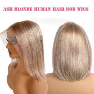 Ash Blonde Bob Wigs Human Hair 180% Denstiy 13x6 HD Lace Frontal Bob for Women Ash Blonde Virgin Hair Silky Straight Glueless Pre Plucked with Baby Hair 8 Inch Lace Front Short Bob Wigs Blunt Cut