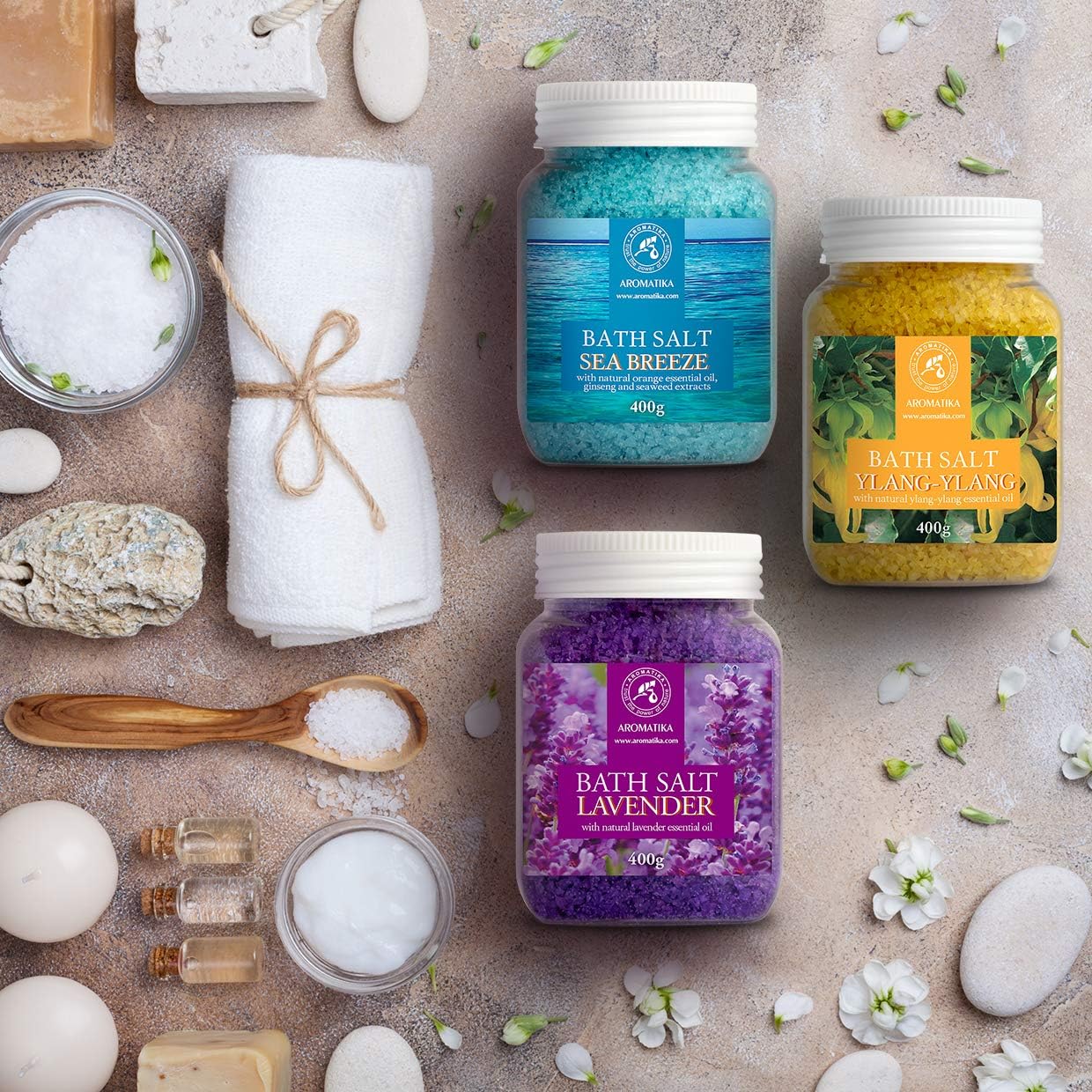 Bath Salts Set 42 Oz - Lavender - Sea Breeze - Ylang-Ylang - 100% Natural Essential Oil - Bathing - Body Care - Beauty - Relaxation - Spa - Image 4