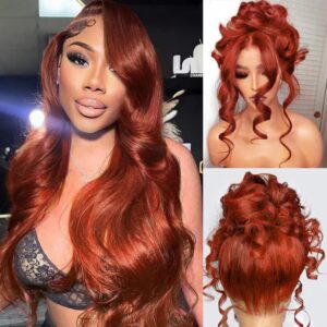 360 Reddish Brown Lace Front Wigs Human Hair 180% Density Copper Red Human Hair Lace Front Wig Pre Plucked 33# Auburn Brown Body Wave 360 Wig Ginger Brown Colored Wigs for Women 22"