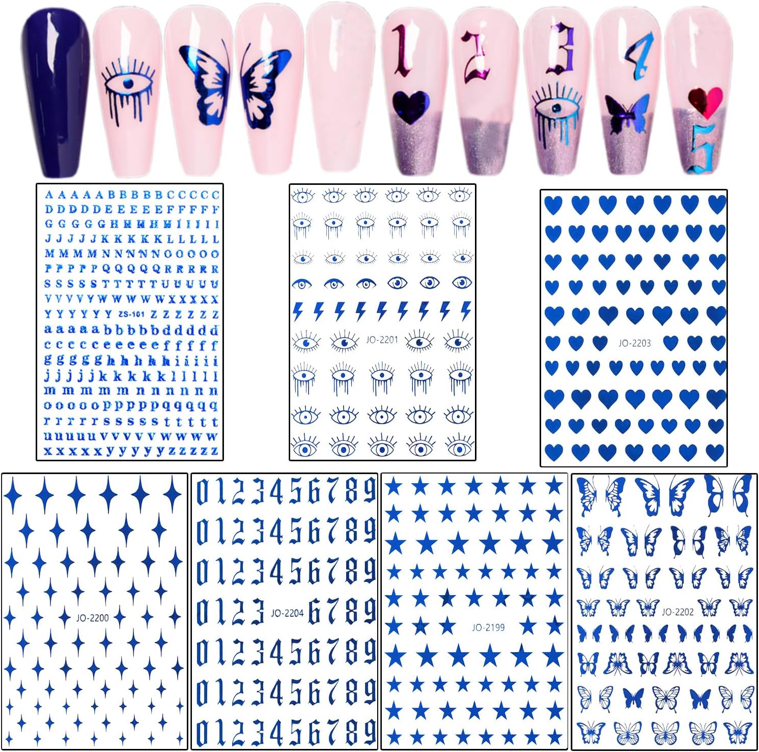 7 Sheets Blue 3D Nail Art Stickers Geometry Butterflies Letters for Manicure - Image 6