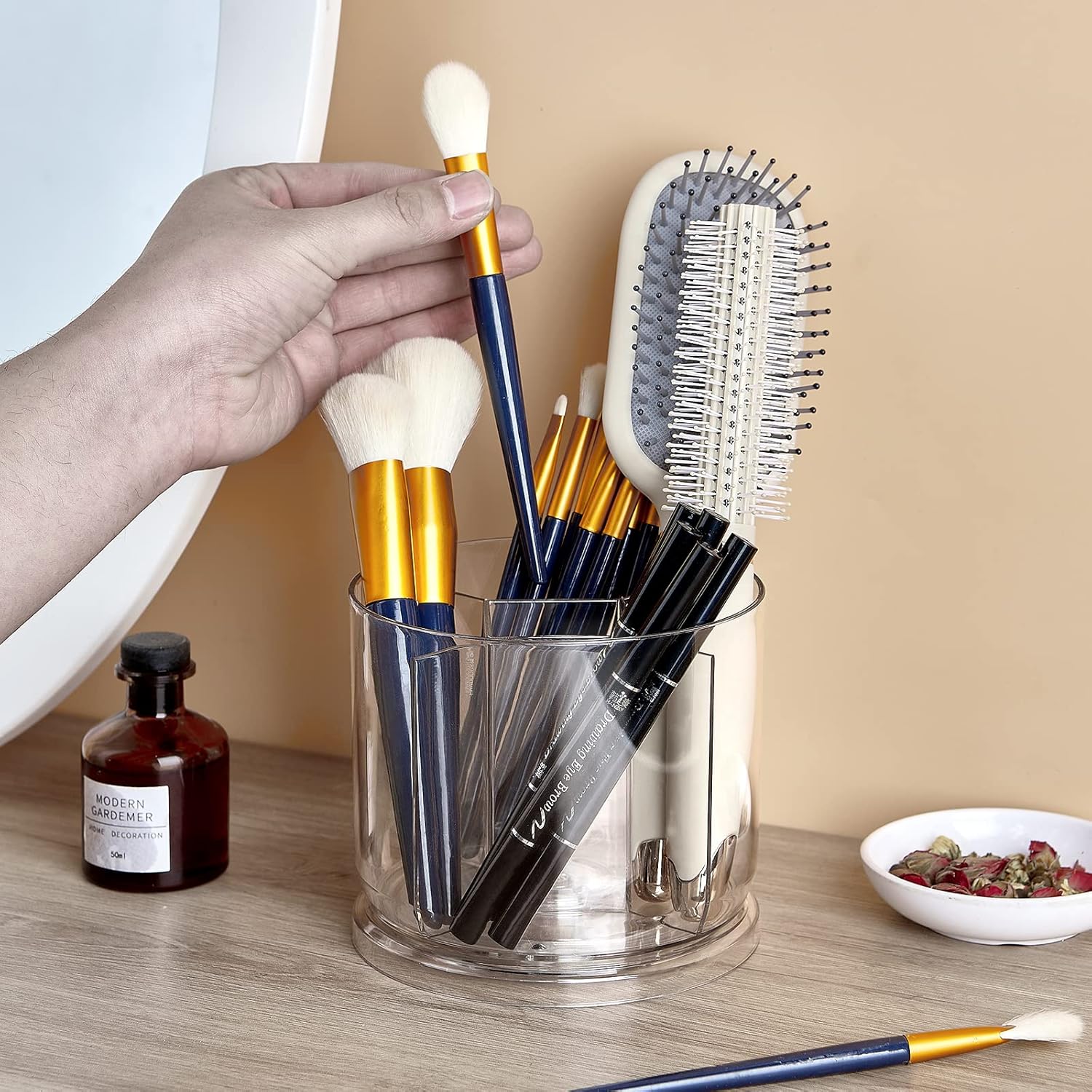 Makeup Brush Holder Organizer -Rotating 360° Clear Storage Cup Containers for Vanity, Desk, Countertop, Spinning Pen Holder for Desk, Round Make up Brush Stand with 5 Slots, for Cosmestics (Clear) - Image 5