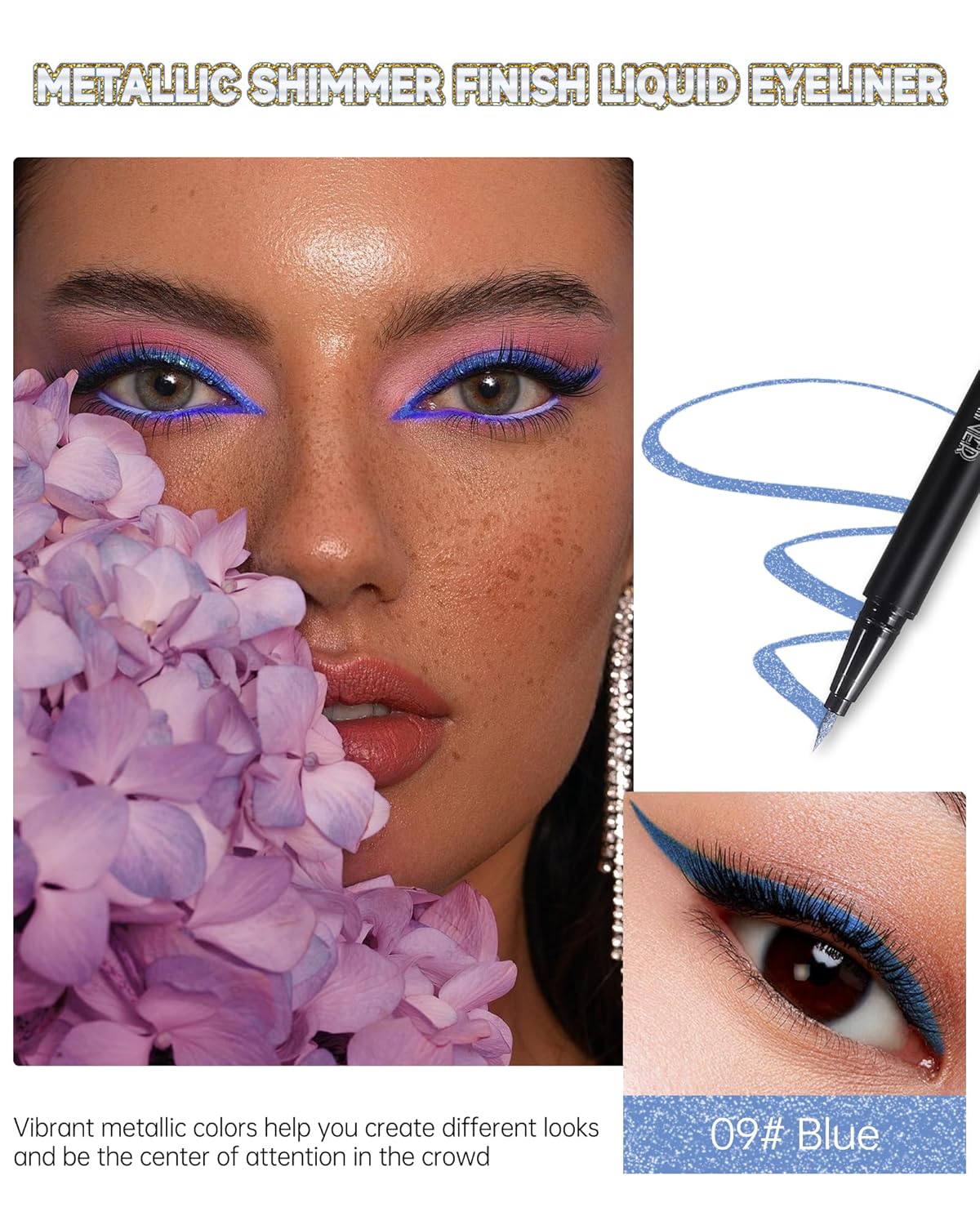 Metallic Shimmer Liquid Eyeliner, Blue Glitter Eyeliner Waterproof Long-Lasting 24H, Sparkling Finish Colored Eyeliner Pen, Ultra-Fine Tip Smooth Application, High Pigmented Smudge-Proof Eye Makeup-09 - Image 2