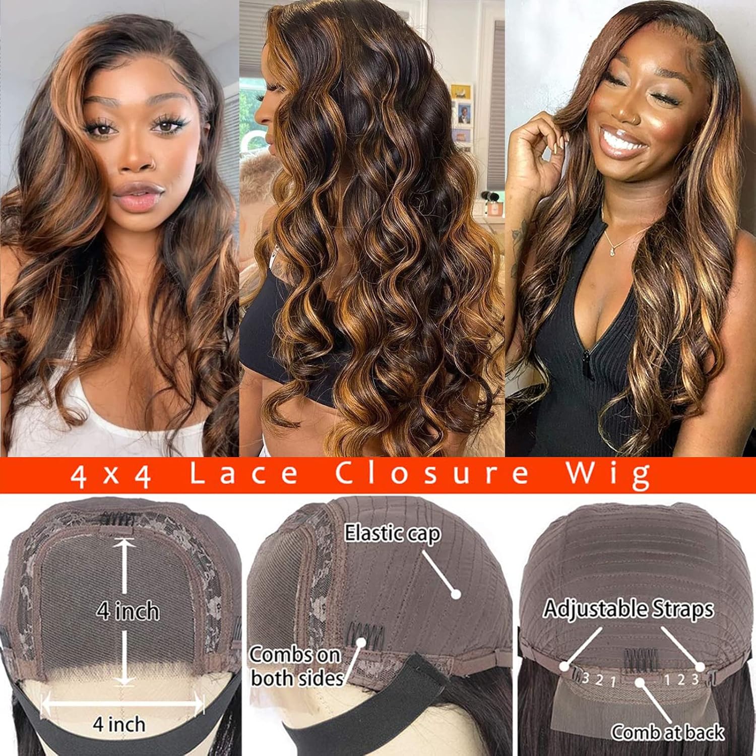 Brazilian Human Hair Highlight Balayage Body Wave Ombre Lace Closure Wig Honey Blonde 18 Inch 150% Density - Image 4