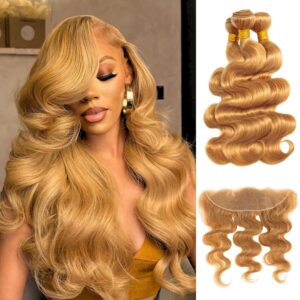 ALHER Honey Blonde Bundles with Frontal Human Hair Body Wave, 10A Color #27 Sun-kissed Vibe Golden Blonde Real human hair bundles with 13X4 HD lace frontal Closure Ear to Ear Melt Well 14 16 18+14 In
