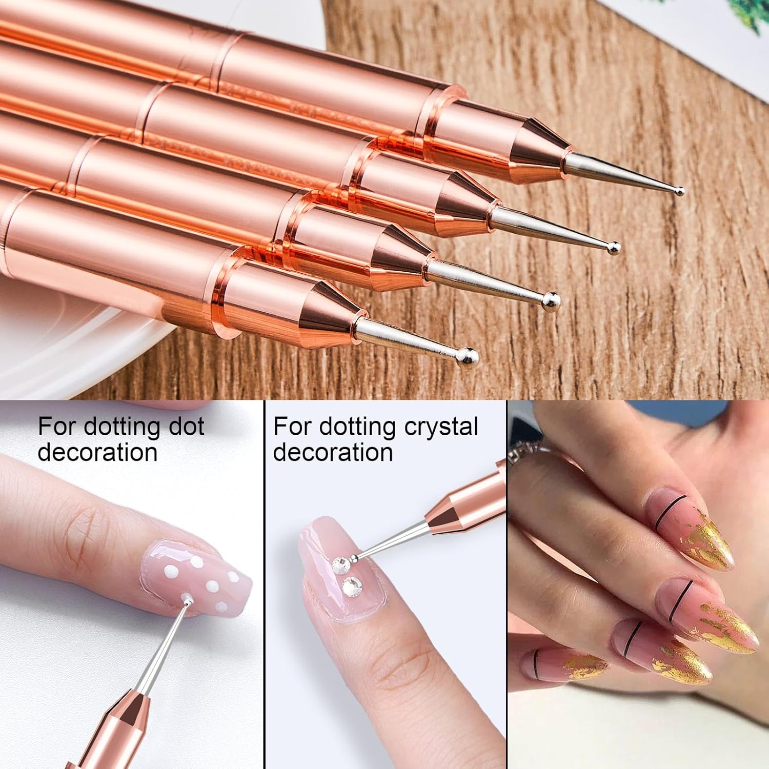 9-Piece Rose Gold Double-Ended Nail Art Brush Set for Gel Polish and 3D Design - Image 4