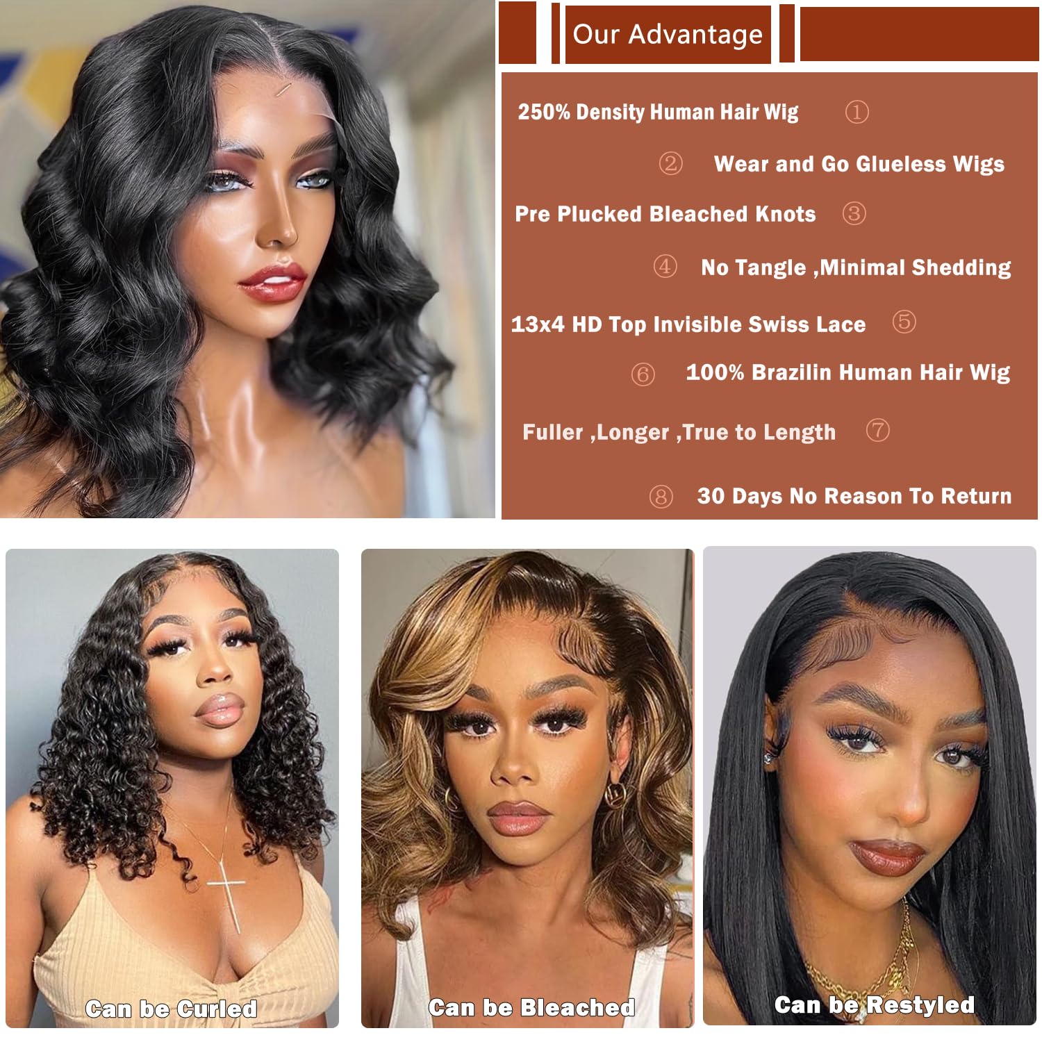 IUPin Bob Wig Human Hair 250 Density Body Wave HD Lace Front Wigs Human Hair 13x4 Glueless Wigs Human Hair Pre Plucked 13x4 Lace Frontal Glueless Short Bob Wigs for Black Women for Beginners 14 inch - Image 5