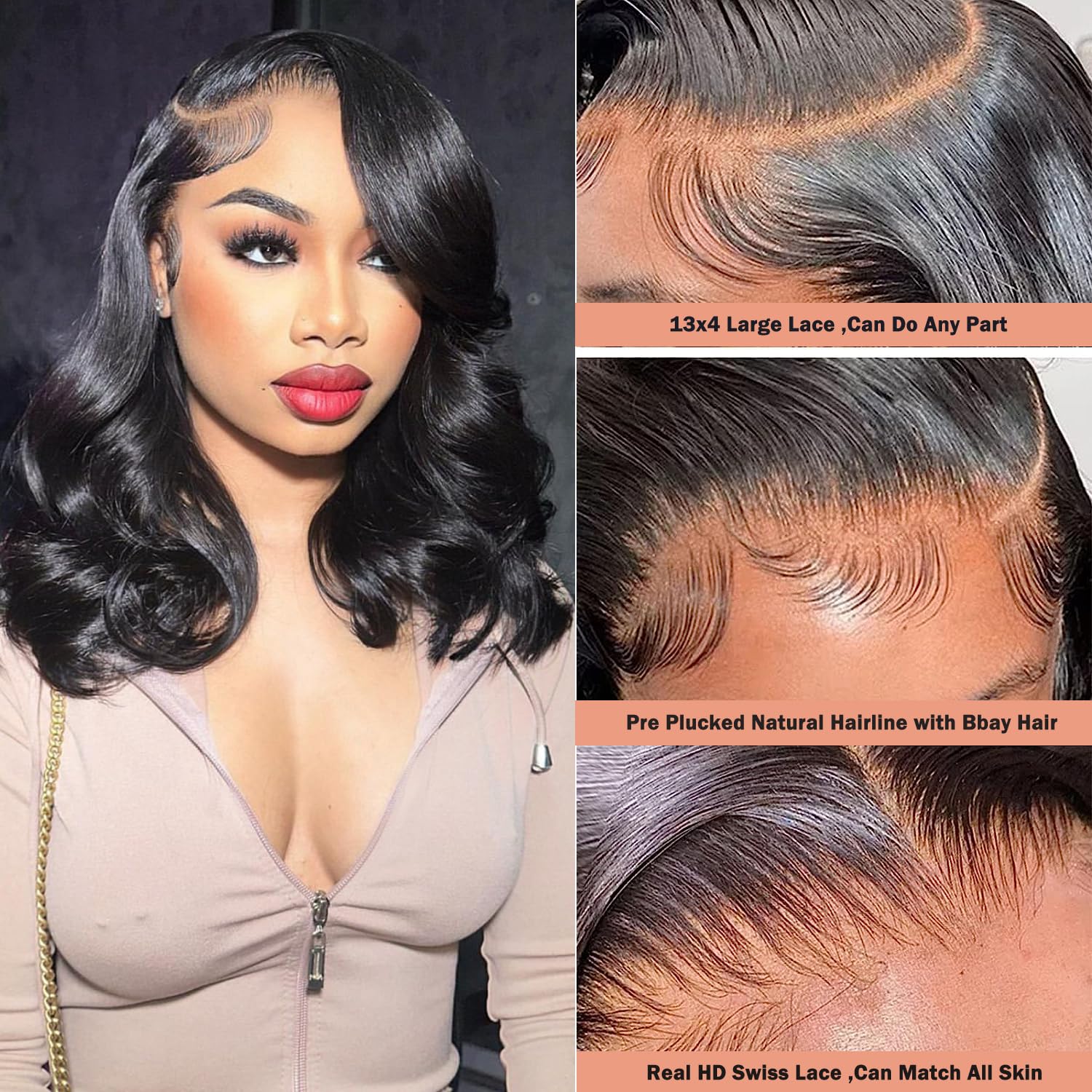 IUPin Bob Wig Human Hair 250 Density Body Wave HD Lace Front Wigs Human Hair 13x4 Glueless Wigs Human Hair Pre Plucked 13x4 Lace Frontal Glueless Short Bob Wigs for Black Women for Beginners 14 inch - Image 2