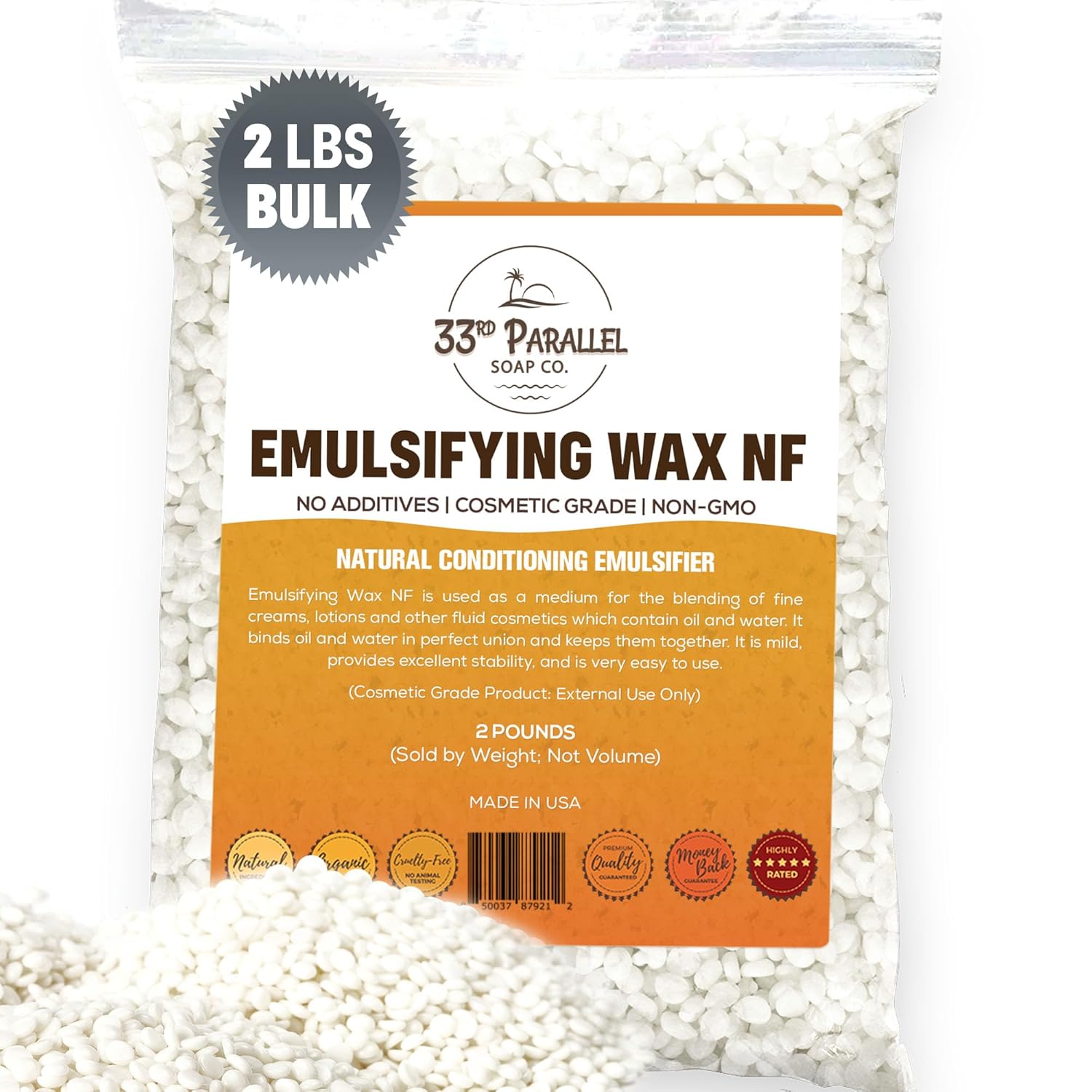 Non-GMO Emulsifying Wax NF Pastilles (2 LBS / 32 OZ) 100% Natural Plant Derived | For Lotions, Creams, Soap Making, Hair Products | Cosmetic Grade | Product of USA | 2 POUNDS
