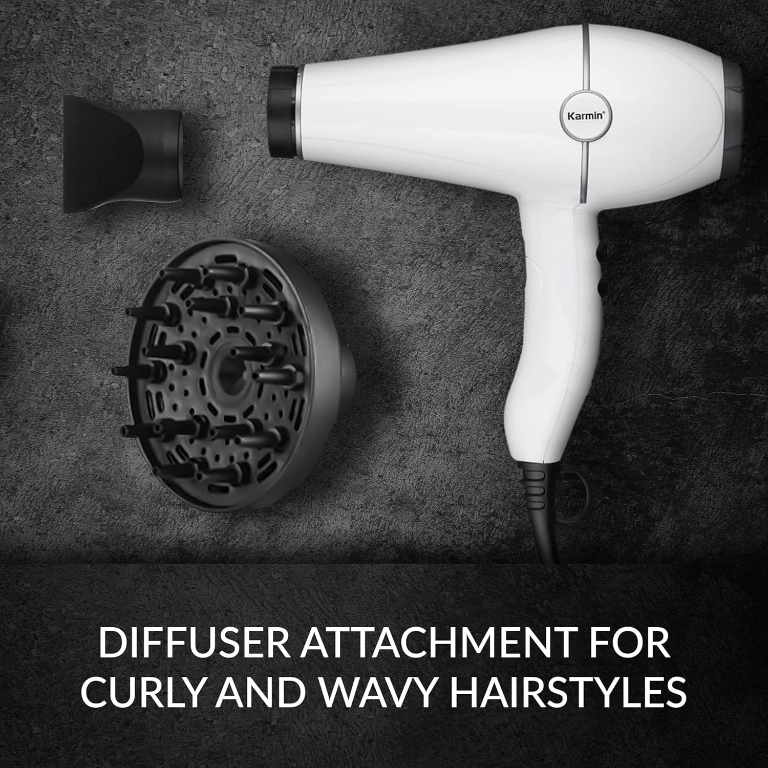 KARMIN Salon Series Professional Ionic Hair Dryer, Positive Negative Ion, Ceramic Blow Dryer, Lightweight, Fast Dry, 2 Speed 3 Heat Settings, 1800 Watt, with Ionic Tourmaline Concentrator, Diffuser - Image 4