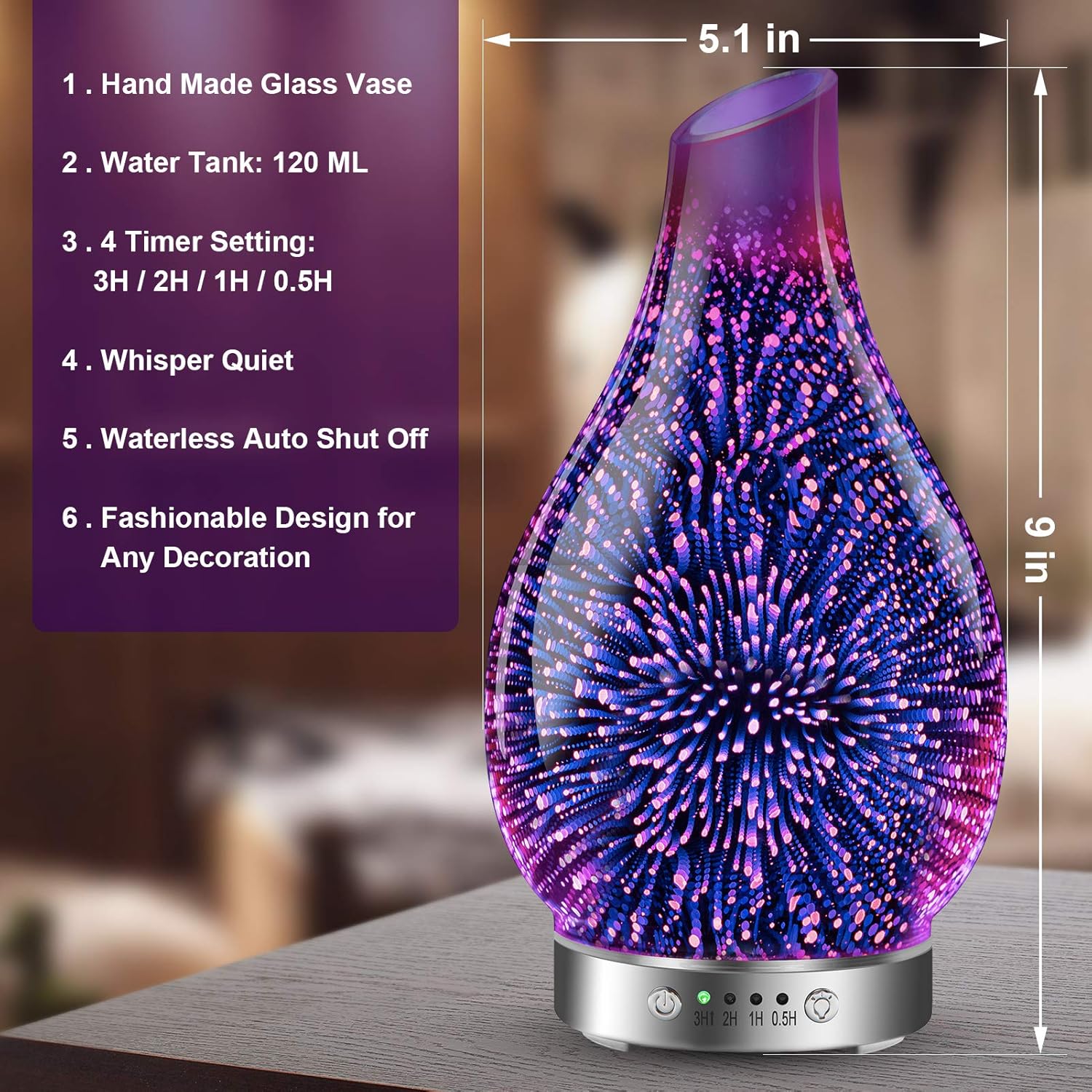 MAXWINER Essential Oil Diffusers Ultrasonic 3D Glass Aromatherapy Diffuser, Auto Shut-Off, Timer Setting, 7 Colors LED Lights Changing for Home, Office, Spa 120ml - Image 3