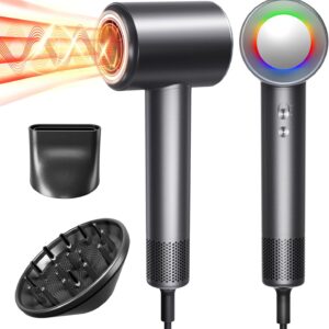 Hair Dryer, Professional High-Speed Brushless Motor Blow Dryer 500 Millions Negative Ionic Care Hair Dryer for Fast Drying, Low Noise Thermo-Control Hairdryer, Travel with Magnetic Diffuser & Nozzle