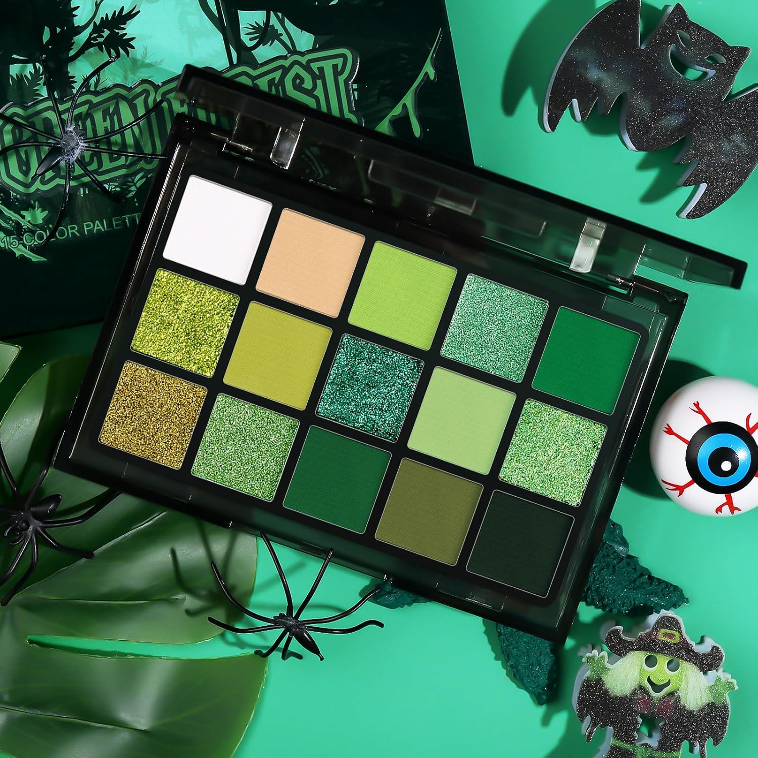 UCANBE Green Eyeshadow Makeup Palette, 15 Colors Bright Dark Green Shimmer Matte Metallic Glitter Eye Shadow, Forest Emerald Lime Pallet Kit for Cosplay Parties Christmas Halloween SFX - Image 6