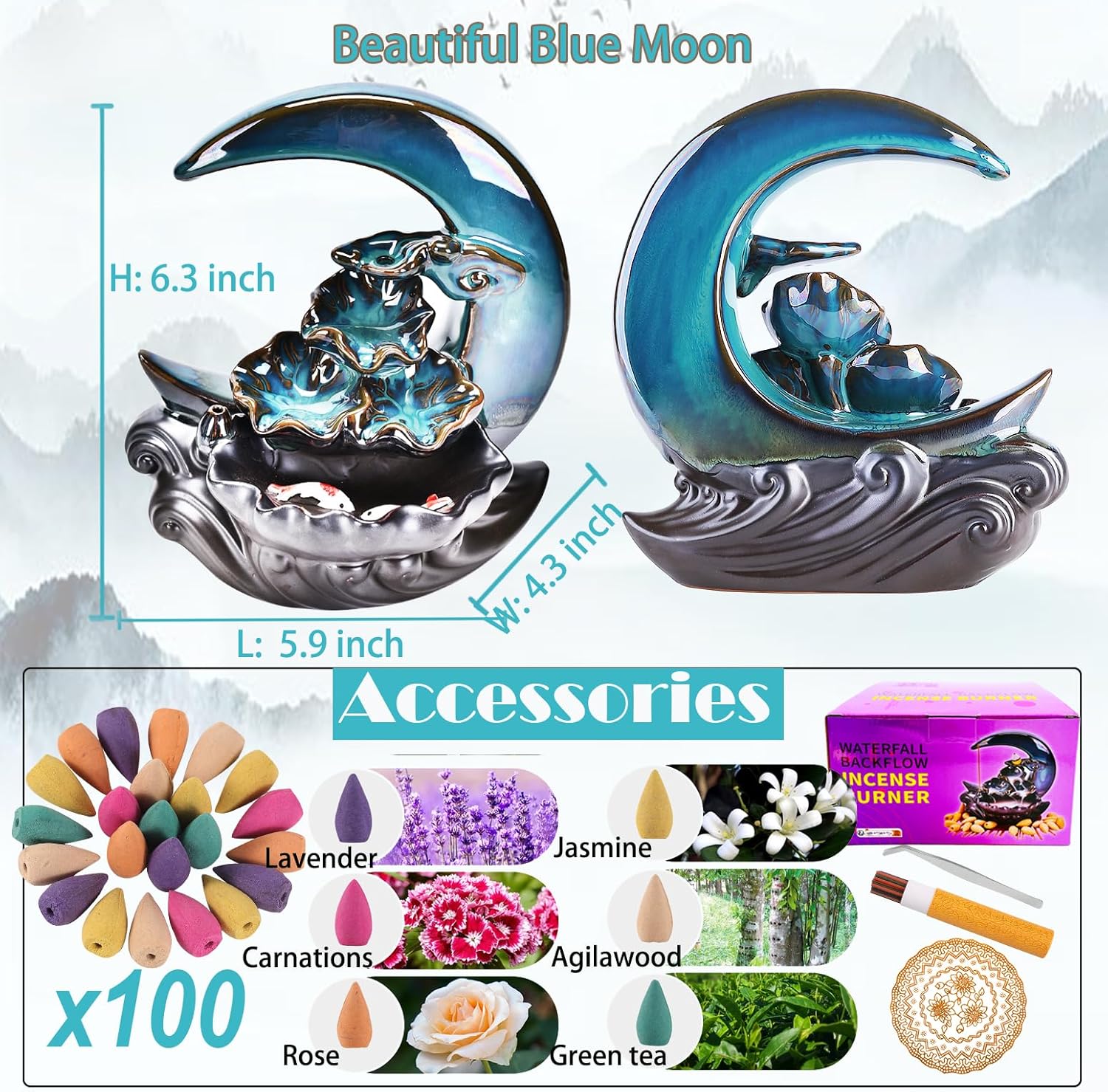 Handmade Ceramic New Moon Backflow Incense Burner Fountain with 100 Cones and Mat - Image 2