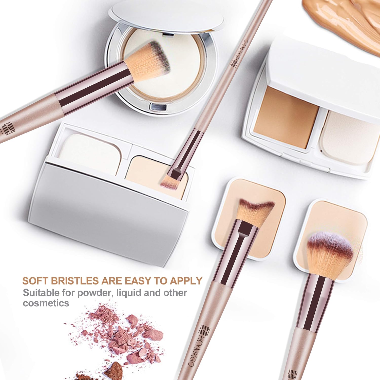 HEYMKGO Makeup Brushes 15PCS Champagne Gold Professional Makeup Brush Set Foundation Brush Blending Powder Blush Concealer Eye Make Up Brush with Bag - Image 6