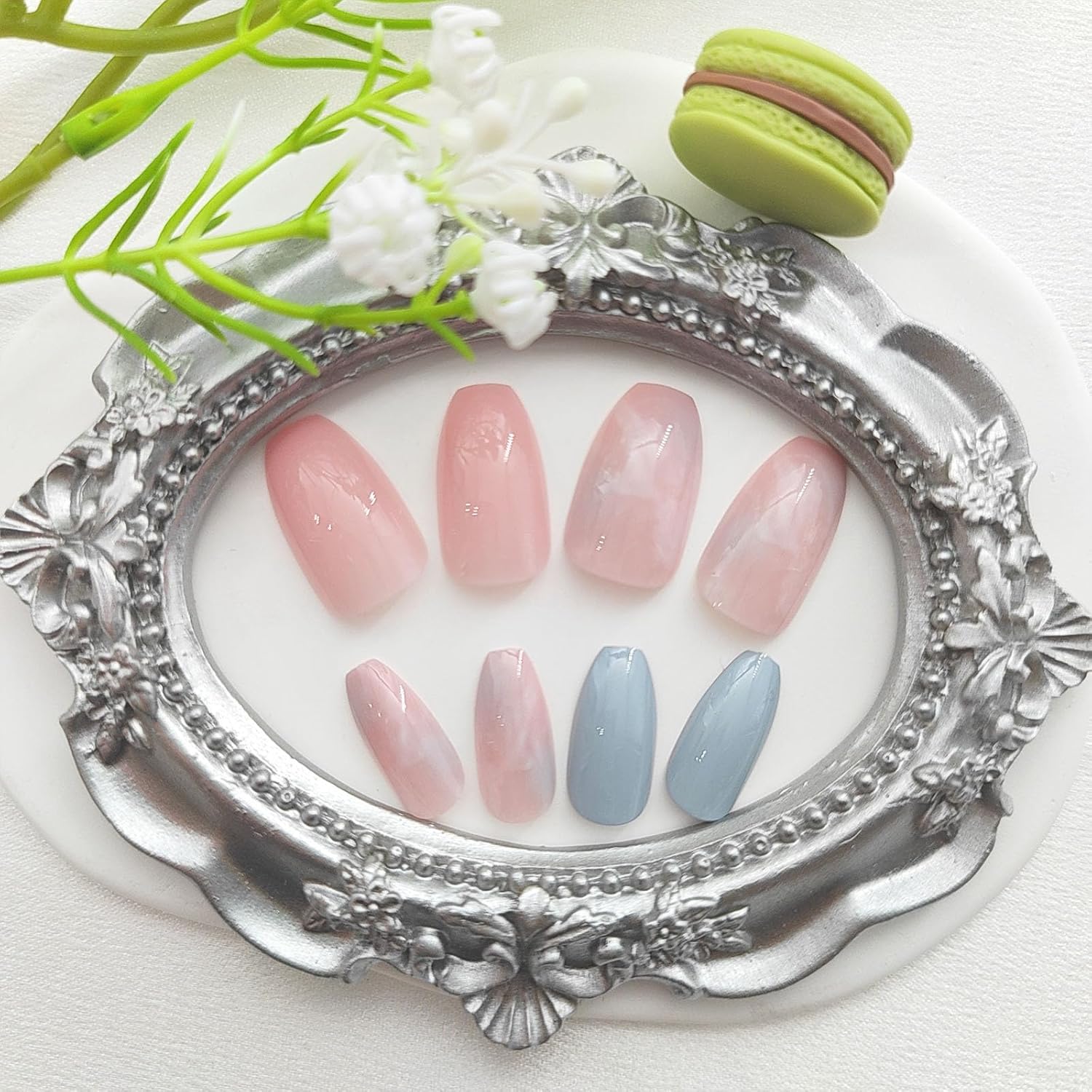 Coffin Press on Nails Short Fake Nails with Marble Designs Acrylic Nails Press ons Glossy Glue on Nails Light Blue Full Cover Artificial Stick on Nails for Women 24Pcs - Image 3