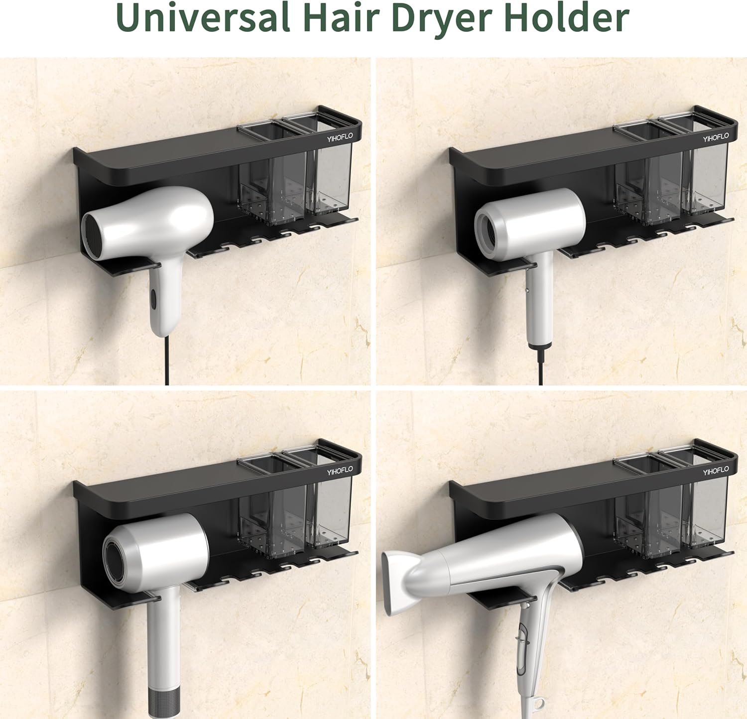 Wall Mounted Hair Dryer Holder - Storage Organizer with Shelf & Hooks for Bathroom, Blow Dryer Rack (Black) - Image 2
