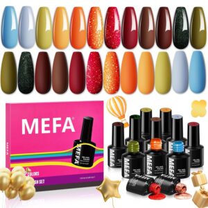MEFA Gel Nail Polish Set, 12 Colors Orange Burgundy Red Gel Polish Set Flash Dark Red Glitter Nail Polish Shimmer Nude Brown Blue Yellow Nail Gifts for Women Girl DIY Salon Home Spring Summer