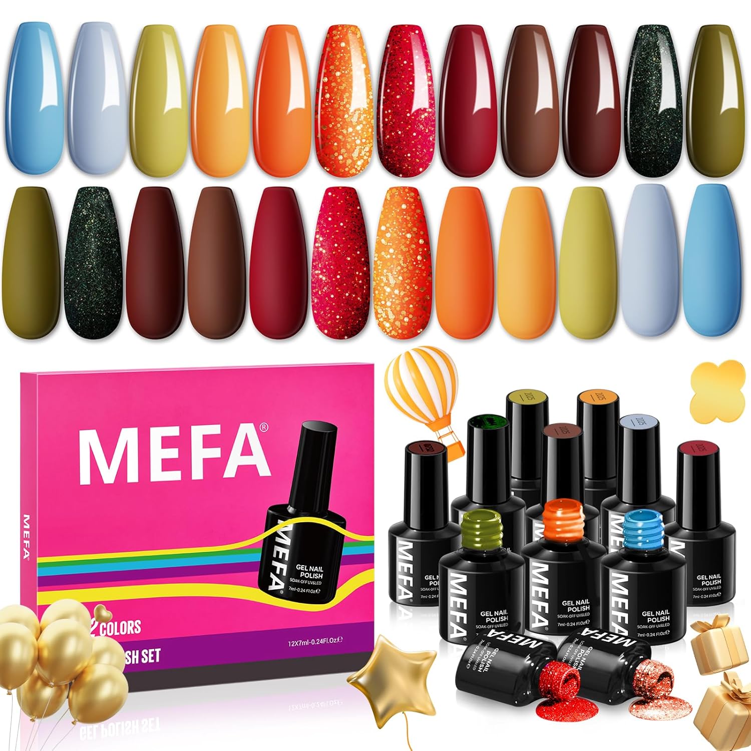 MEFA Gel Nail Polish Set, 12 Colors Orange Burgundy Red Gel Polish Set Flash Dark Red Glitter Nail Polish Shimmer Nude Brown Blue Yellow Nail Gifts for Women Girl DIY Salon Home Spring Summer