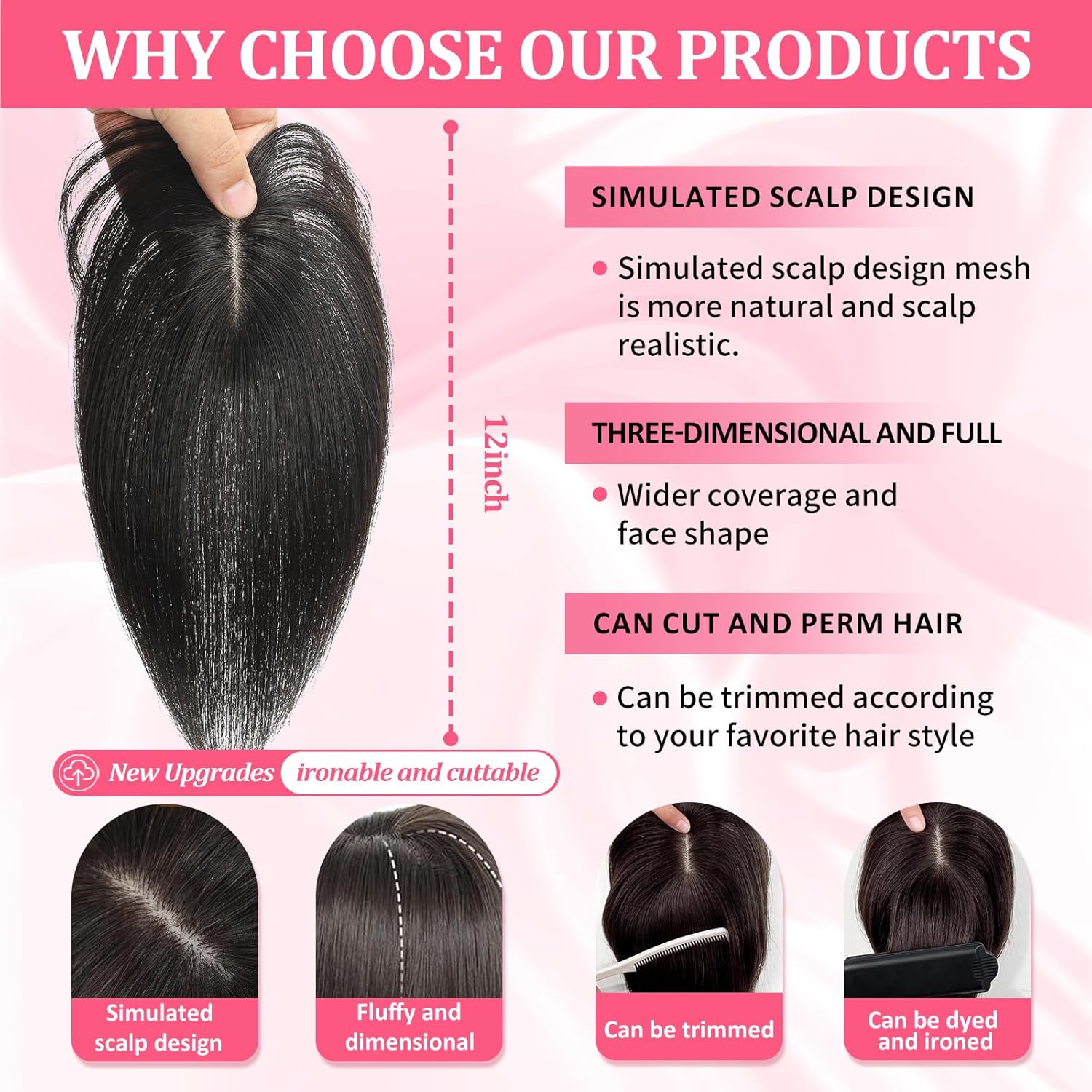Hair Toppers for Women Real Human Hair, Upgrade Base Seamless 360ยฐ Cover 3D Wispy Clip in Bangs Toppers Hairpieces for Women with Thinning hair Dark Brown Short Topper - Image 4