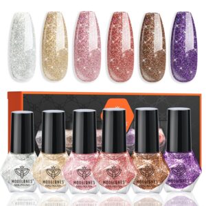 modelones Nail Polish Set 6 Colors Red Nude Gold Glitter Min Nail Polish Set Quick Dry Diamond Silver Sparkle Winter Nail Polish Manicure DIY Nail Art Salon Home Gift for Women Girl