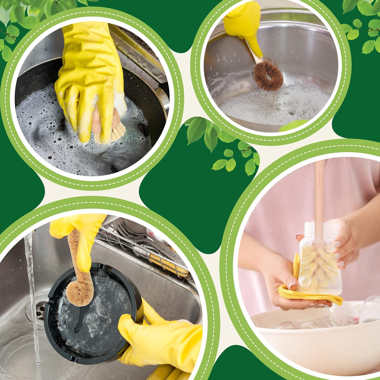 8 Pc Natural Sisal Bristle Bamboo Dish Brush Set for Pots Pans and Household Cleaning - Image 5