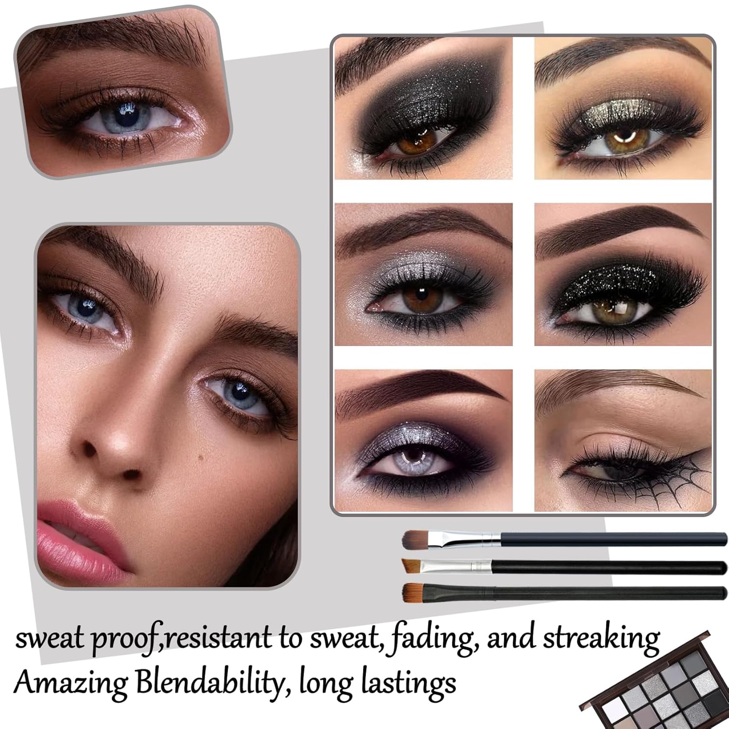 Black Grey Smoky Eyeshadow Palette,15 Colors Matte Shimmer Pigmented Eye Shadow Makeup Palette Set with 3 Eyeshadow Brushes,Glitter Eyeshadow Makeup Palette for Daily Halloween Goth Makeup(A) - Image 5