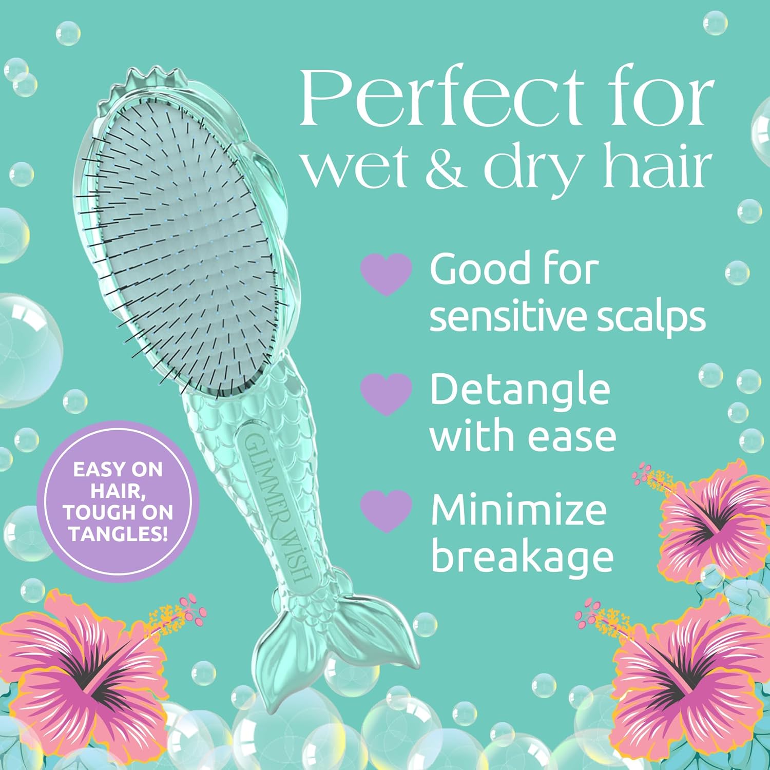 Glimmer Wish Mermaid Detangling Hair Brush for Kids - Anti Frizz and Anti Static - Soft and Long Bristles to Detangle With Ease - Gentle on Hair Kids Hair Brush - Image 3