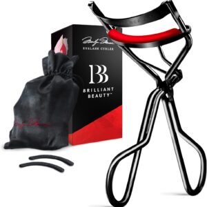 Brilliant Beauty Eyelash Curler with Satin Bag & Refill Pads - Award Winning - No Pinching, Just Dramatically Curled Eyelashes for a Lash Lift in Seconds (Red)