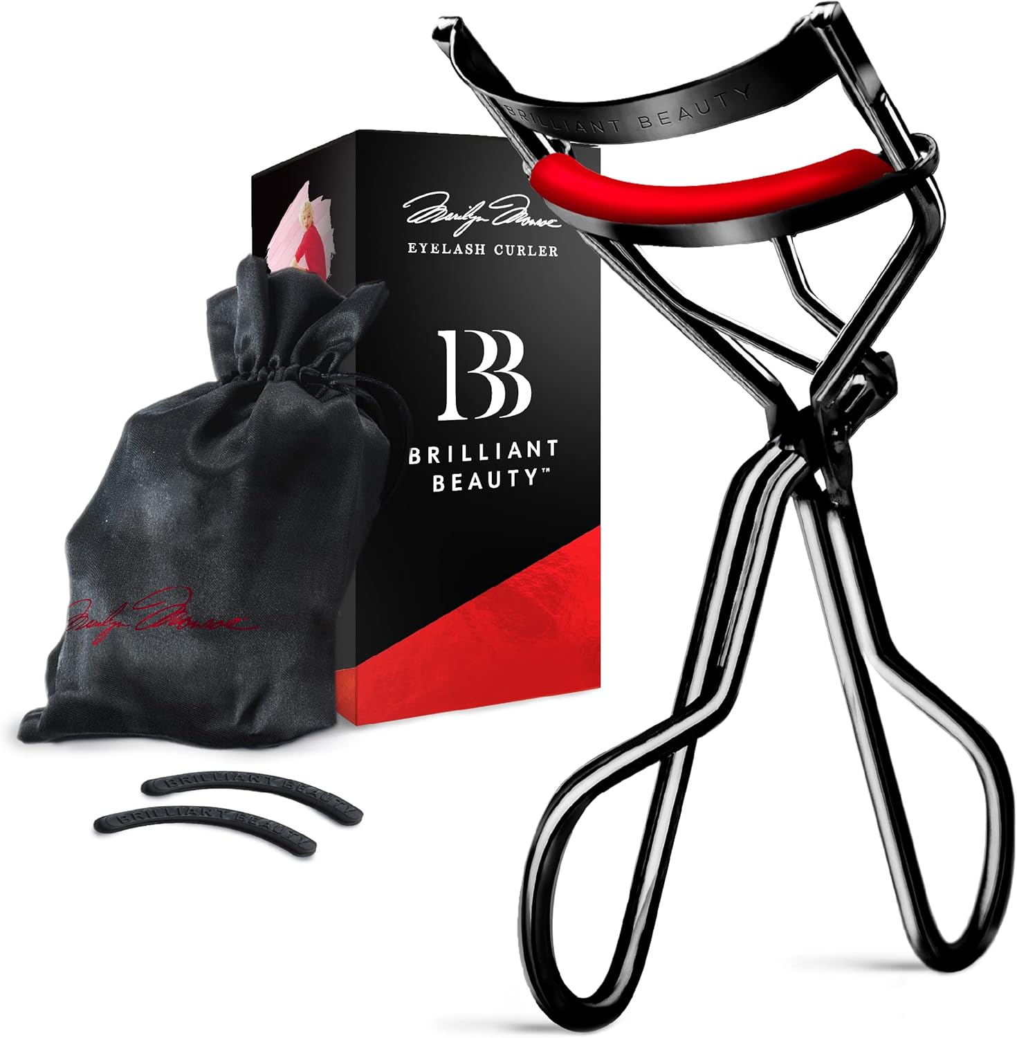 Brilliant Beauty Eyelash Curler with Satin Bag & Refill Pads - Award Winning - No Pinching, Just Dramatically Curled Eyelashes for a Lash Lift in Seconds (Red)