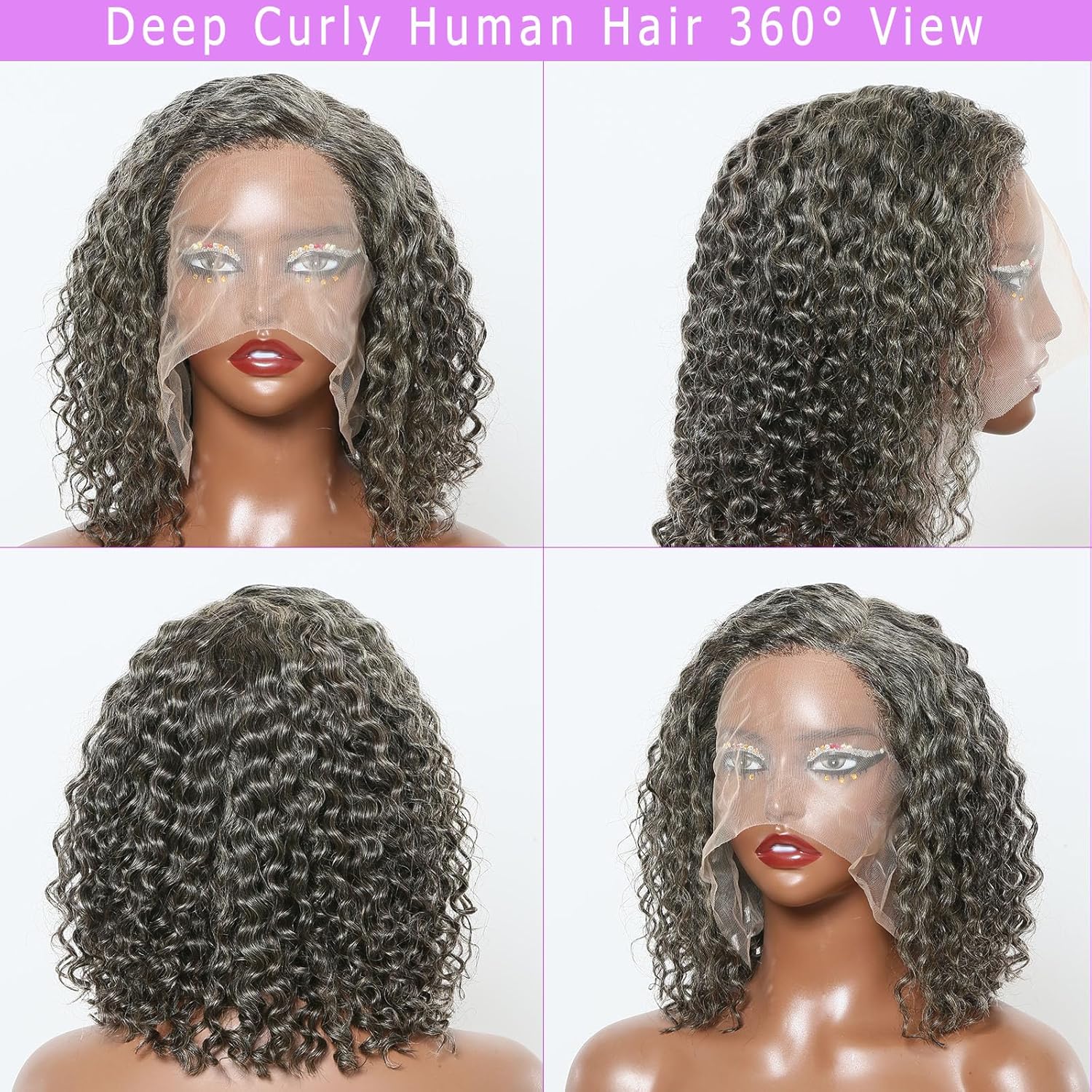Salt and Pepper Grey Wigs Human Hair Bob Wig 13x4 Deep Curly Lace Front Wigs Human Hair Pre Plucked Natural Hairline Gray Human Hair Wig HD Transparent Curly Short Bob Wigs for Women 12 Inch - Image 4