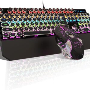 Typewriter Mechanical Gaming Keyboard and Mouse Combo, Retro Punk Round Keycaps RGB Rainbow Backlit Wired Keyboard for Game and Office, for Windows Laptop PC, Red Switches(Black)