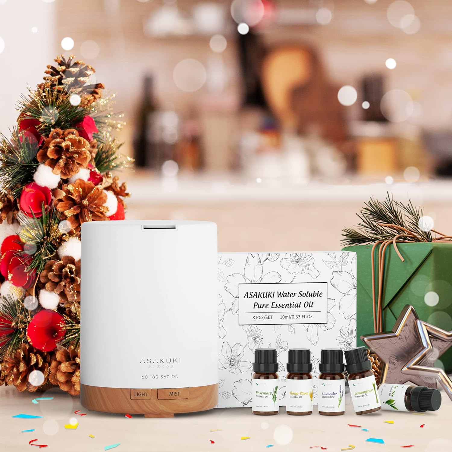ASAKUKI Essential Oil Diffuser, Aromatherapy Cool Mist Home Humidifier with 7 LED Color Changing Light and Auto-Off Safety Switch, 8 Essential Oils Set, 300ml (Brown with Oils) - Image 8