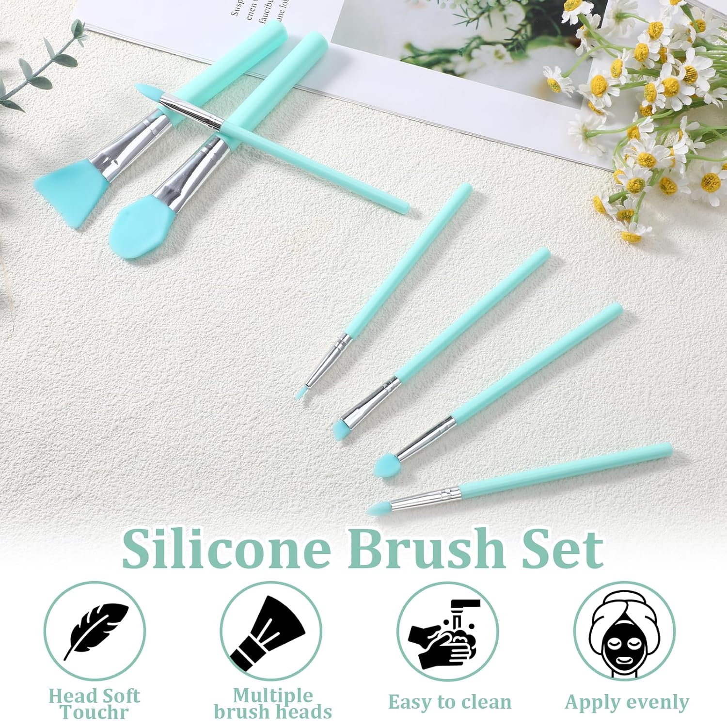 cobee 7 Pcs Silicone Brush Applicator Kit, Silicone Paint Brush Makeup Brush, Face Mask Applicator Jelly Brush Eye Cream Applicator Tool for Sleeping Mask, Mud Mask, Body Lotion And Body Butter(Green) - Image 4