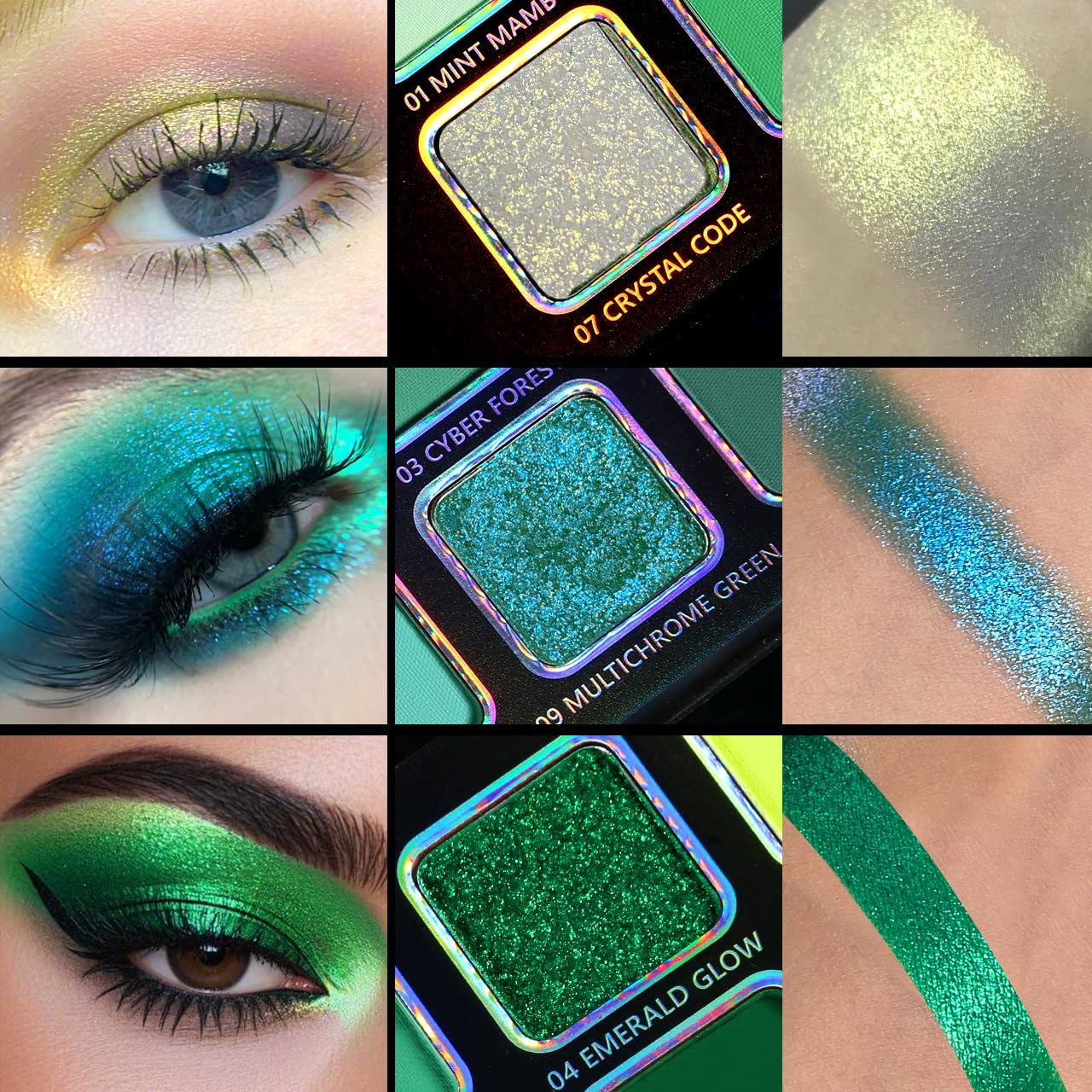 Afflano Multichrome Green Eyeshadow Palette, Color-Shifting Green Glitter Eyeshadow Pallet, Matte Chrome Eye Shadow Dark Forest green Makeup for Women Smokey Blue Brown Eyes Cosplay Party Daily Use - Image 3