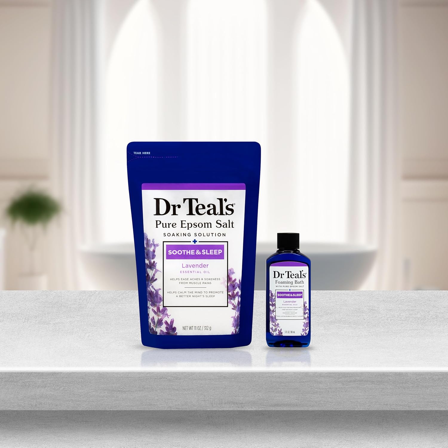 Dr Teal's Lavender Essential Oil Epsom Salt and Foaming Bath Sampler Set, 2 Piece, Off White - Image 3
