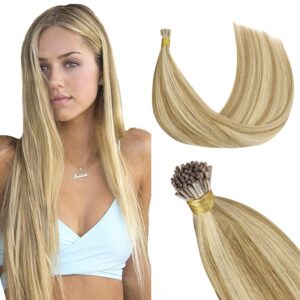 GOO GOO I Tip Hair Extensions, Real Human Hair, 22inch 50g, Cold Fusion, Invisible Remy, 16/22 Light Blonde Highlighted Golden Blonde