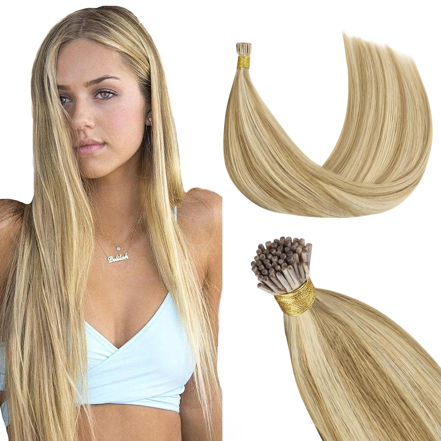 GOO GOO I Tip Hair Extensions, Real Human Hair, 22inch 50g, Cold Fusion, Invisible Remy, 16/22 Light Blonde Highlighted Golden Blonde