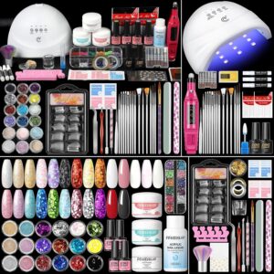 Peacecolor Complete Acrylic Nail Kit with Drill U V Lamp, 3PC Acrylic Powder 4PC Gel Polish 18PC Glitter Powders Pink White Nude Clear, Beginner Set for DIY Home Salons