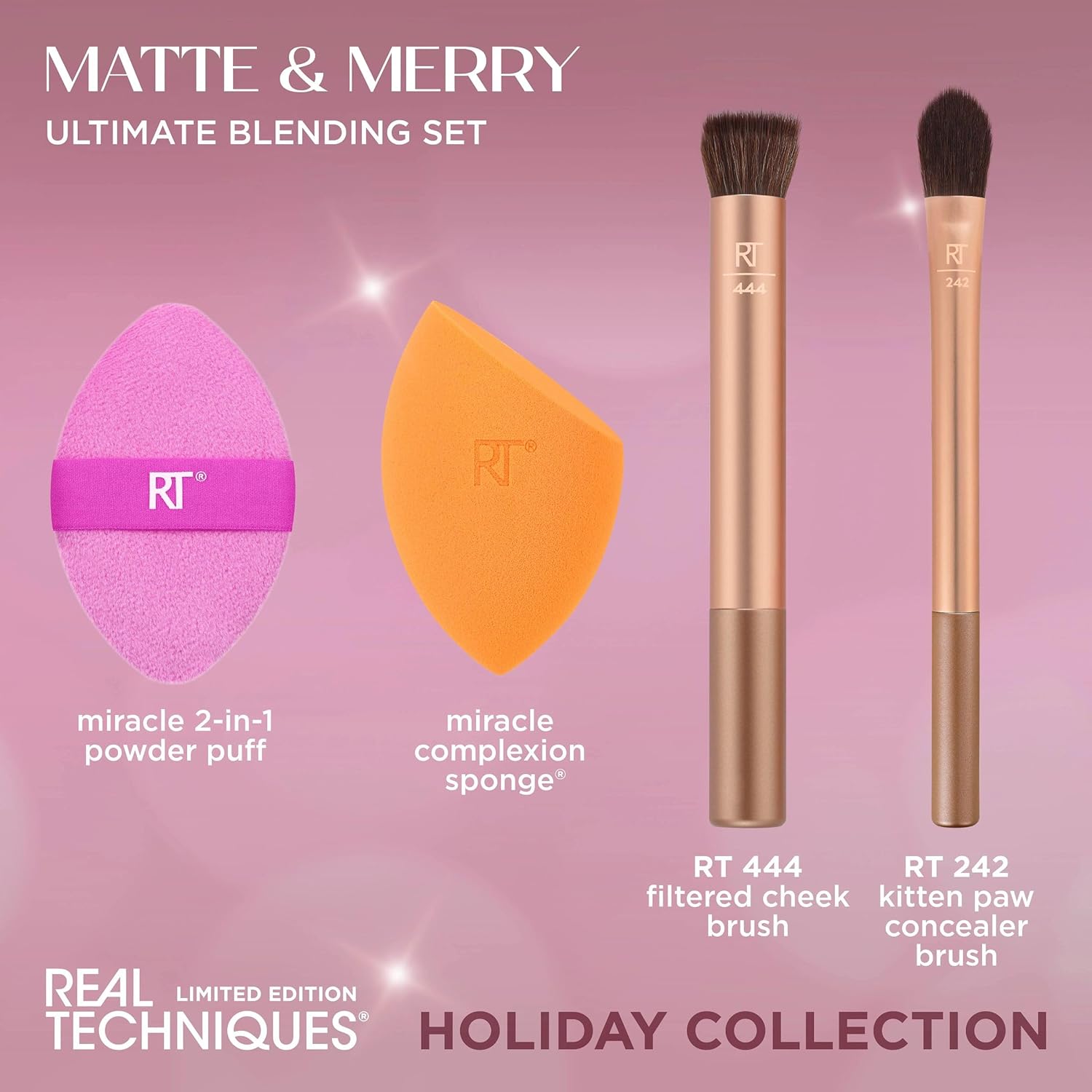 Real Techniques Matte & Merry Ultimate Blending 4 Piece Holiday Gift Set, Foundation Makeup Sponge, Dual-Sided Powder Puff, & 2 Makeup Brushes, Kitten Paw Brush, Stocking Stuffer, Limited Edition - Image 3