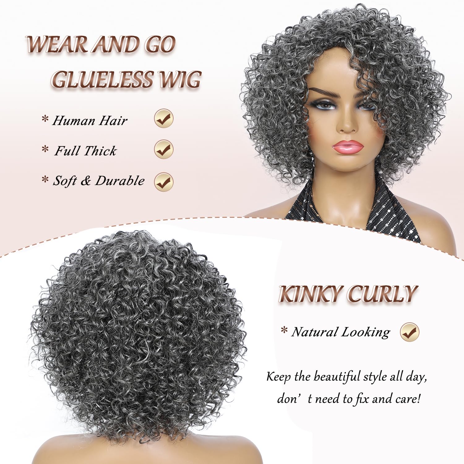 HUA Grey Wig for Women Human Hair Glueless Kinky Curly Salt and Pepper Wigs for Black Women Short Curly Wear and Go Glueless Wig for Old Lady Non-Lace Bob Gray Wigs Human Hair Mixed - Image 3