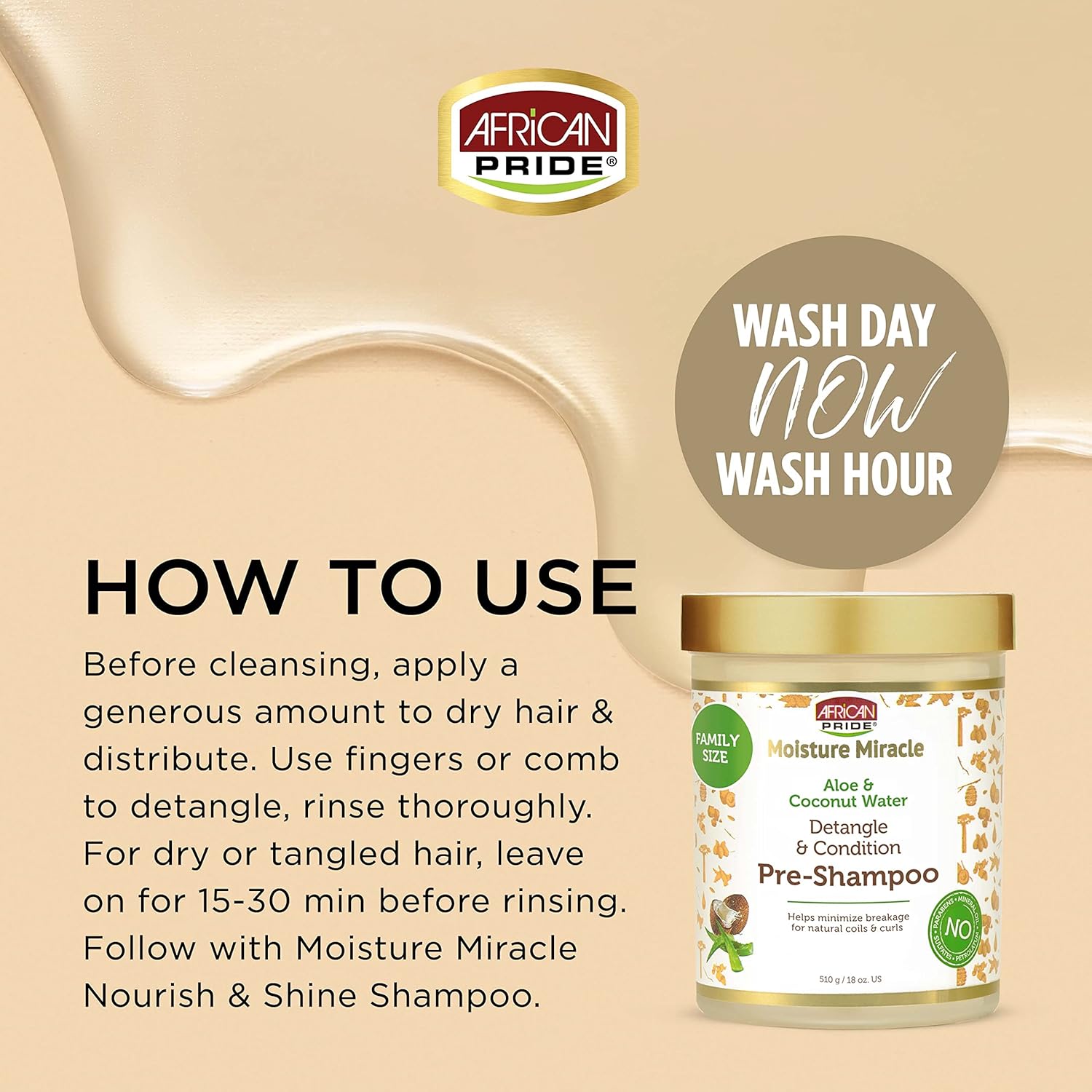 African Pride Moisture Miracle Pre-Shampoo Hair Detangler with Aloe & Coconut Water | Minimizes Breakage, Hydrates & Strengthens | Pre-Poo Treatment for Natural Coils & Curls | 18 oz. - Image 4